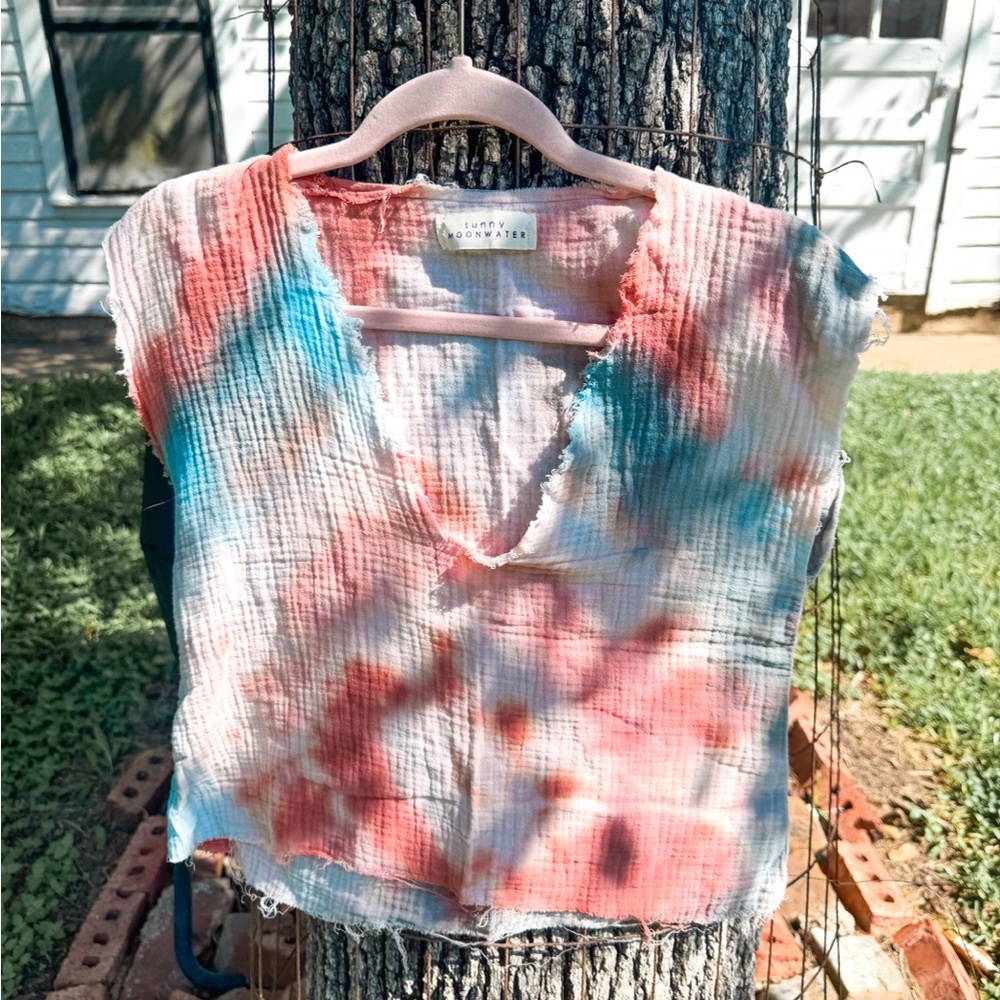 Colorful hand dyed linen sunny moon water top